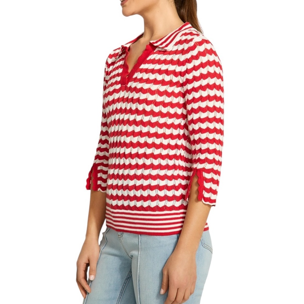 FDJ French dressing jeans 3/4 Sleeve Polo Sweater, Red Stripe size small - Picture 2 of 6
